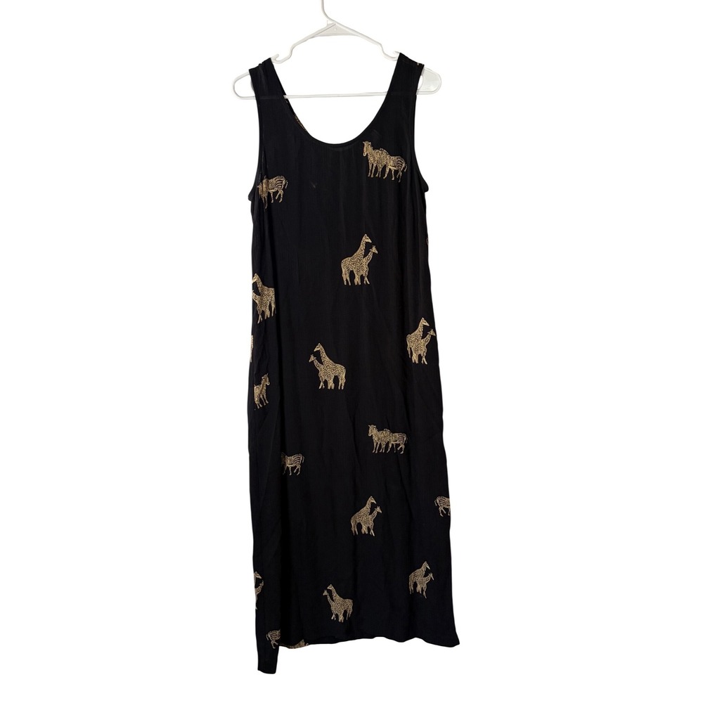 Vintage DJI Safari Animal Print Rayon Sleeveless Shift Dress Black Size 12